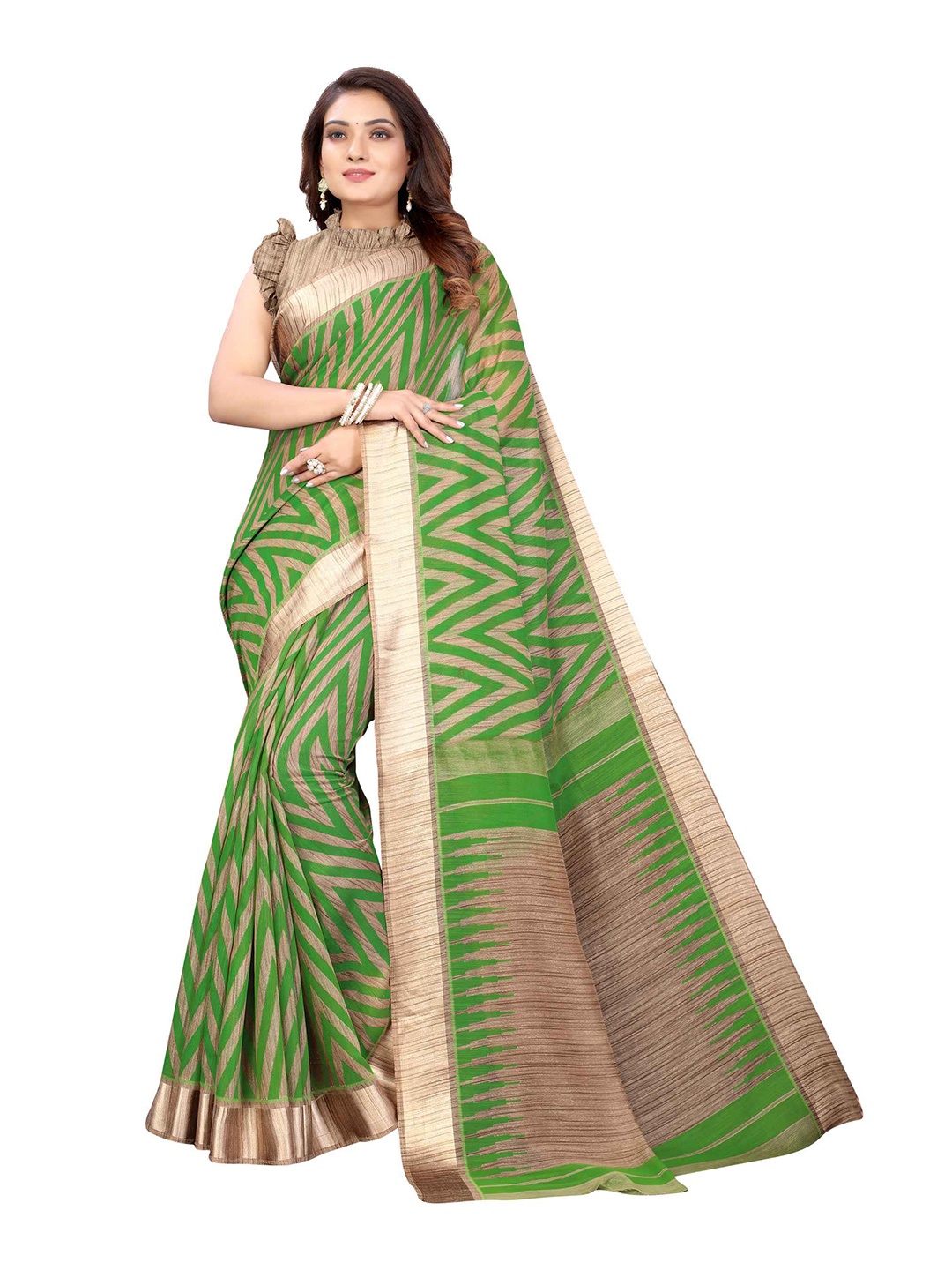 

AADVIKA Green & Beige Geometric Printed Saree