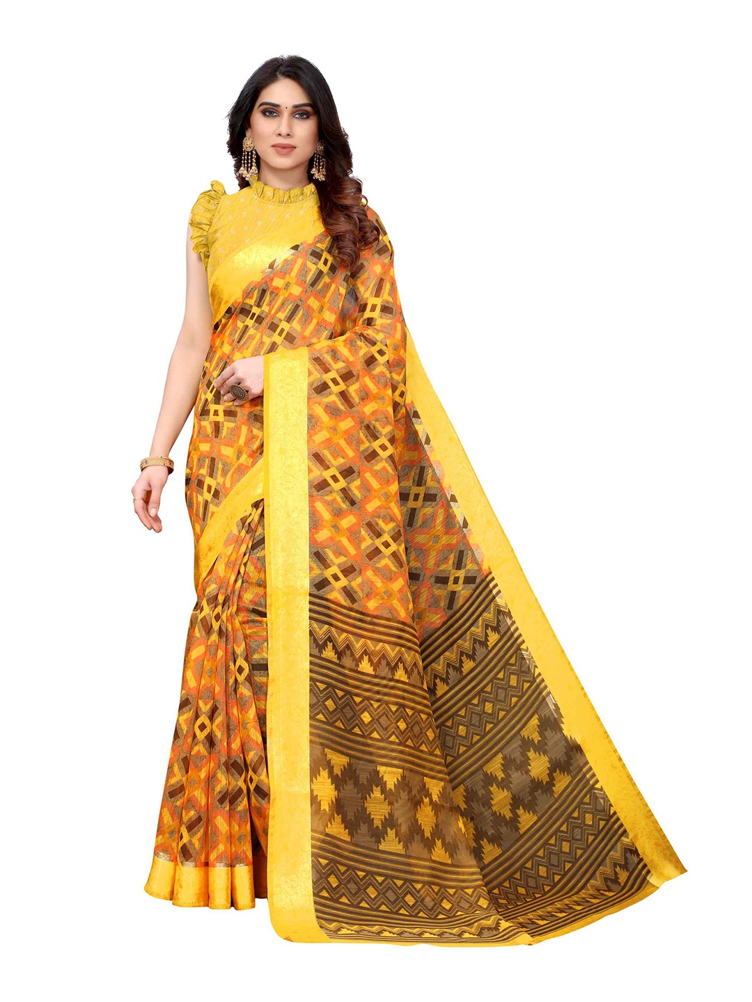 

AADVIKA Yellow & Brown Linen Blend Saree