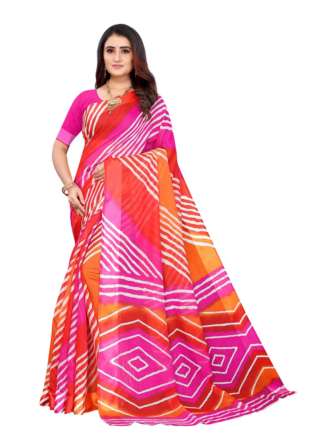 

AADVIKA Orange & Pink Floral Linen Blend Saree