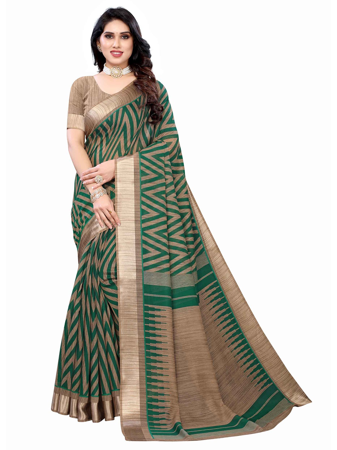 

AADVIKA Green & Beige Linen Blend Saree