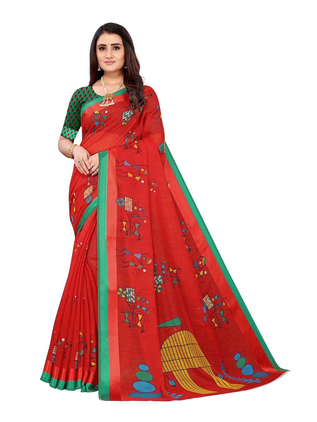 

AADVIKA Red & Green Floral Printed Saree