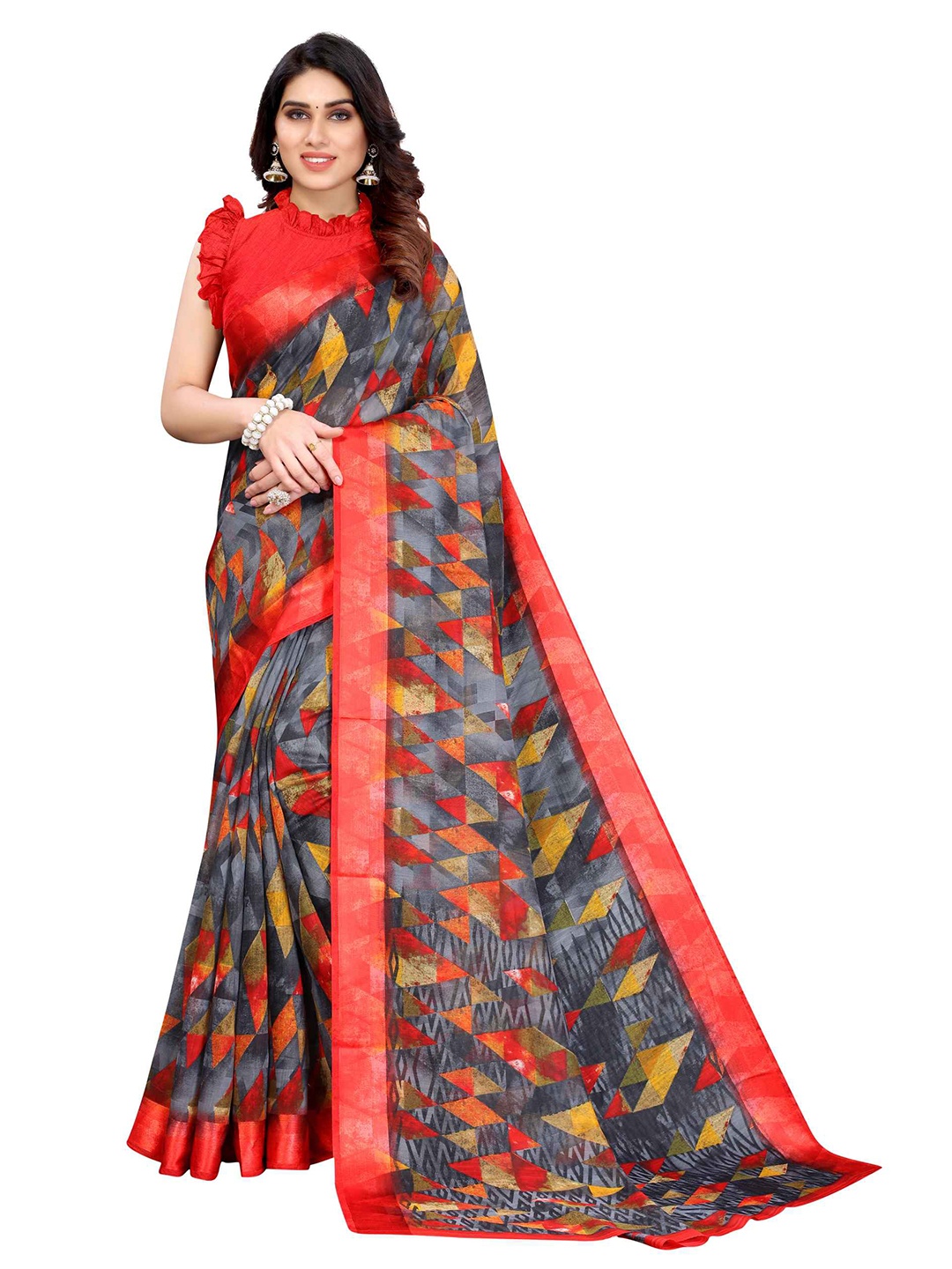 

AADVIKA Grey & Red Linen Blend Saree