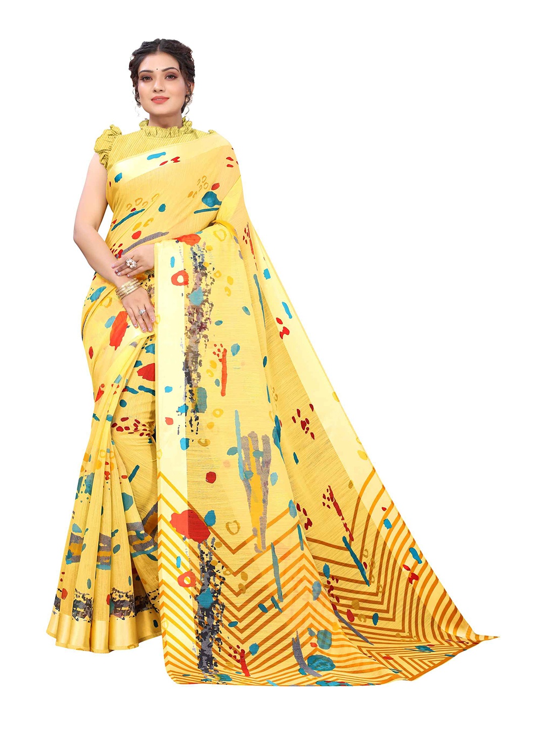

AADVIKA Yellow & Red Zari Linen Blend Saree