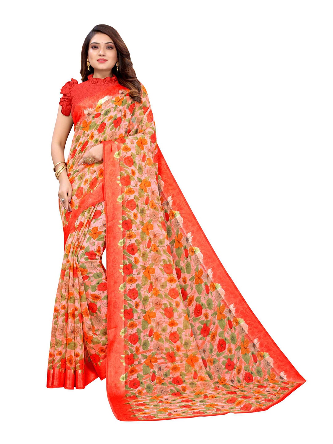 

AADVIKA Red & Orange Floral Linen Blend Saree