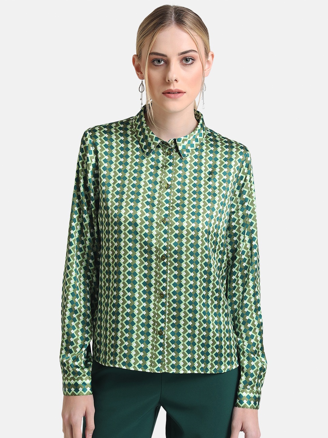 

Kazo Women Green Classic Geometric Printed Formal Shirt