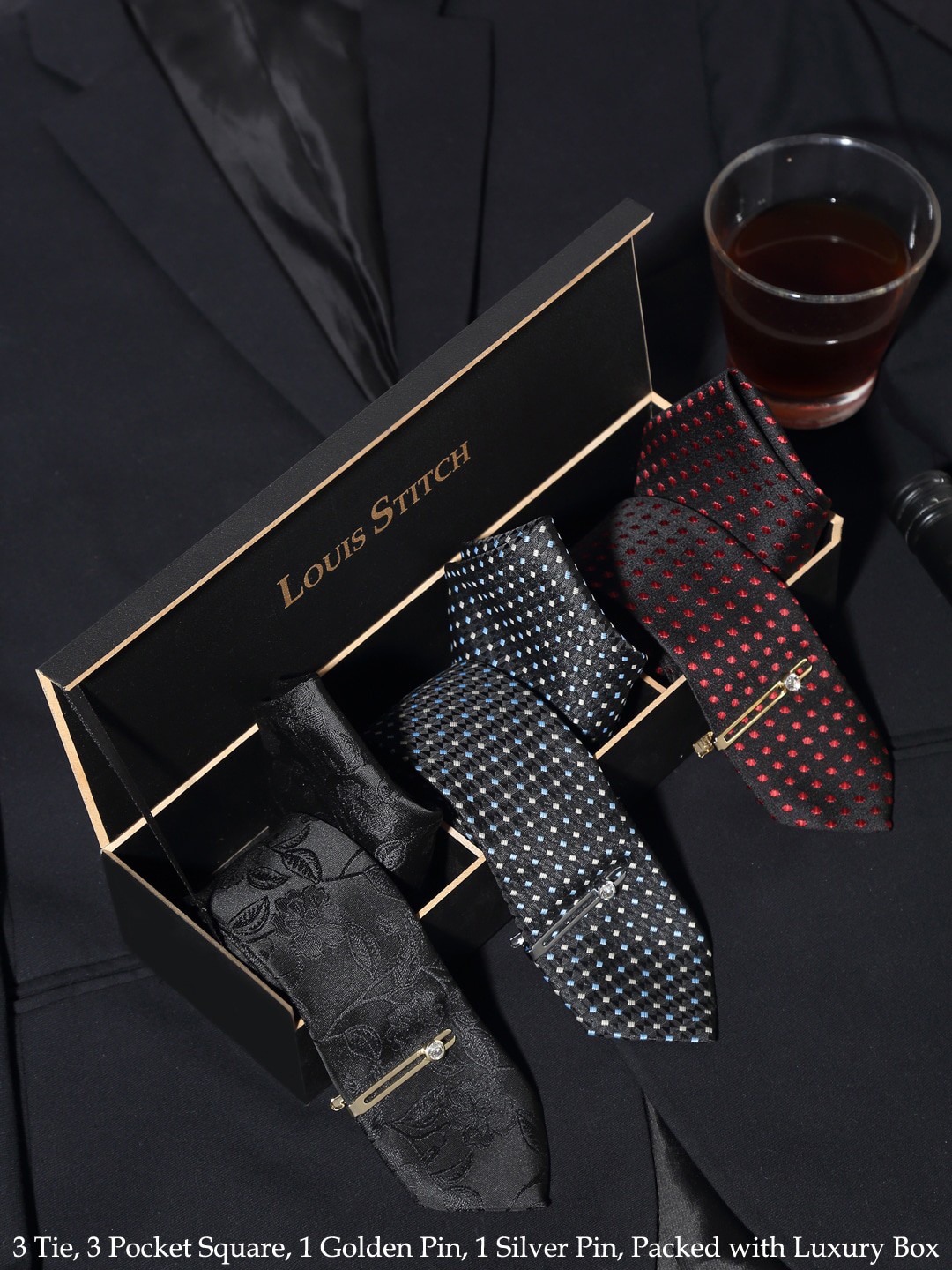 

LOUIS STITCH Men Pack of 3 Necktie Combo With Pocket Square And Tie Pin, Red
