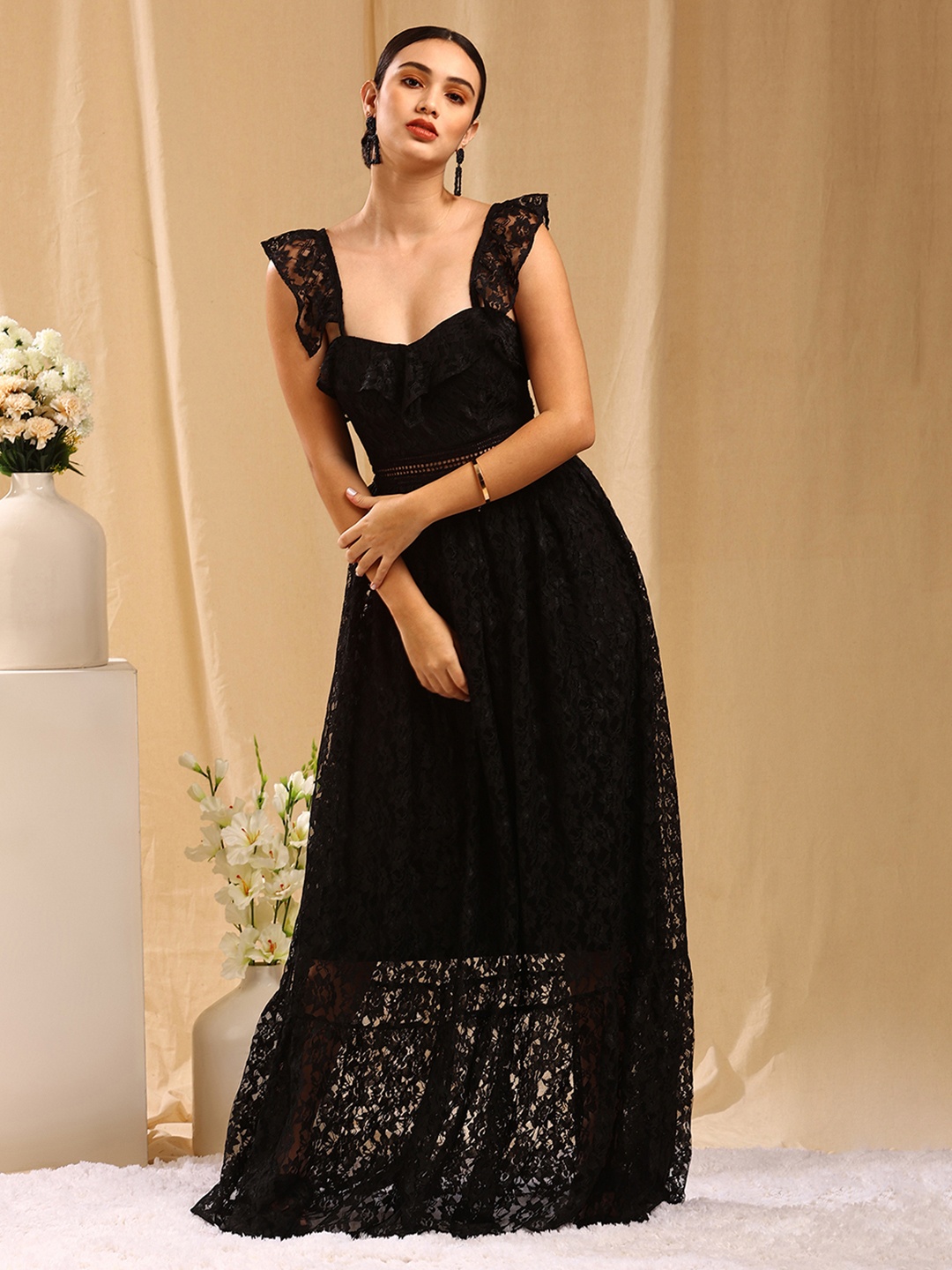 

TRENDY DIVVA Women Black Net Maxi Dress