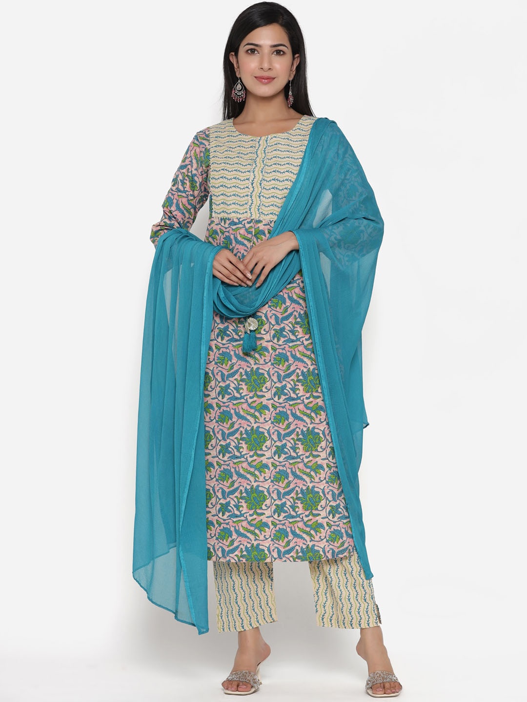 

PINKVILLE JAIPUR Blue Ethnic Motifs Printed Pure Cotton Kurta with Trousers & With Dupatta