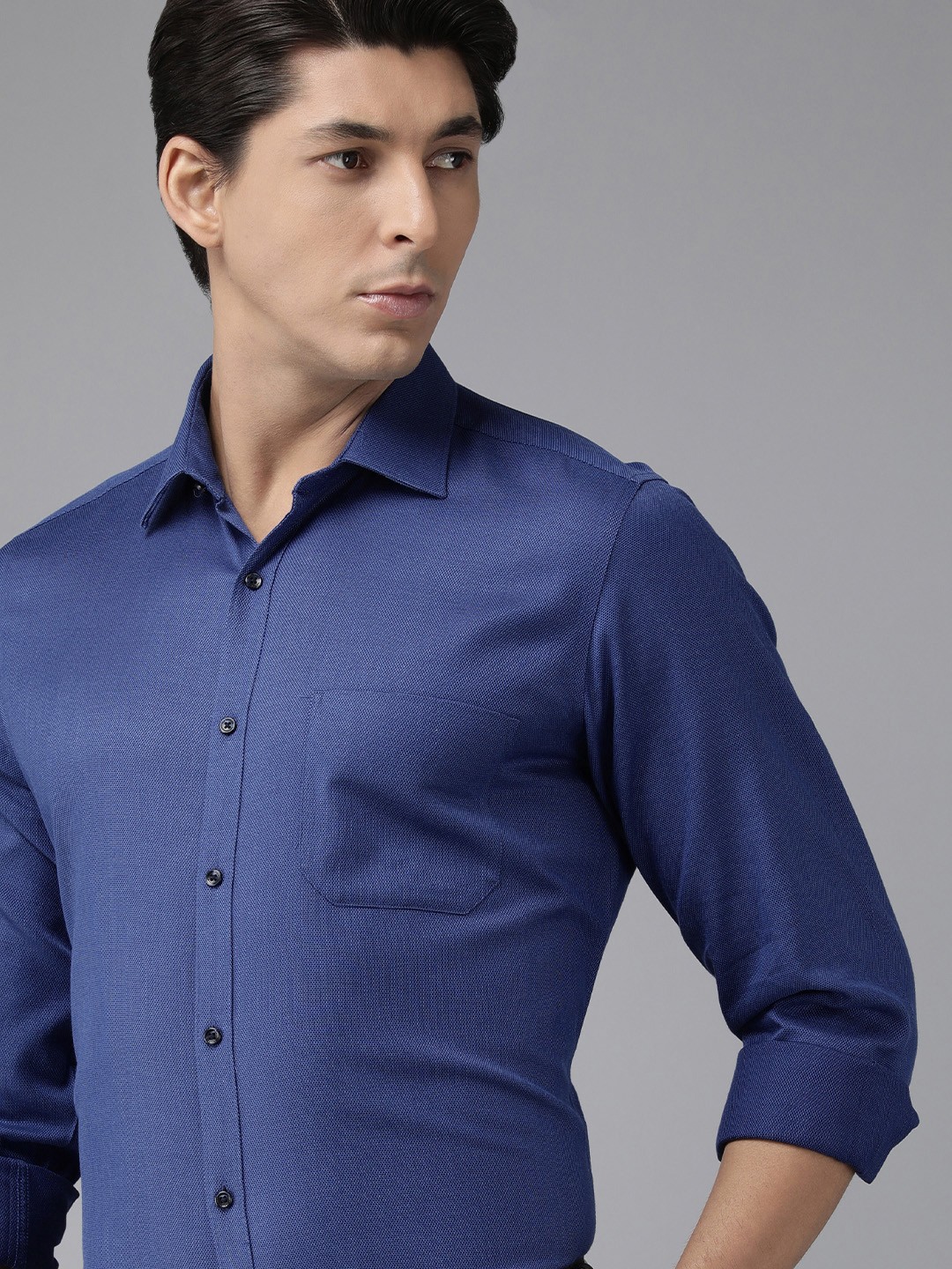 

Van Heusen Men Navy Blue Self Design Custom Fit Pure Cotton Formal Shirt