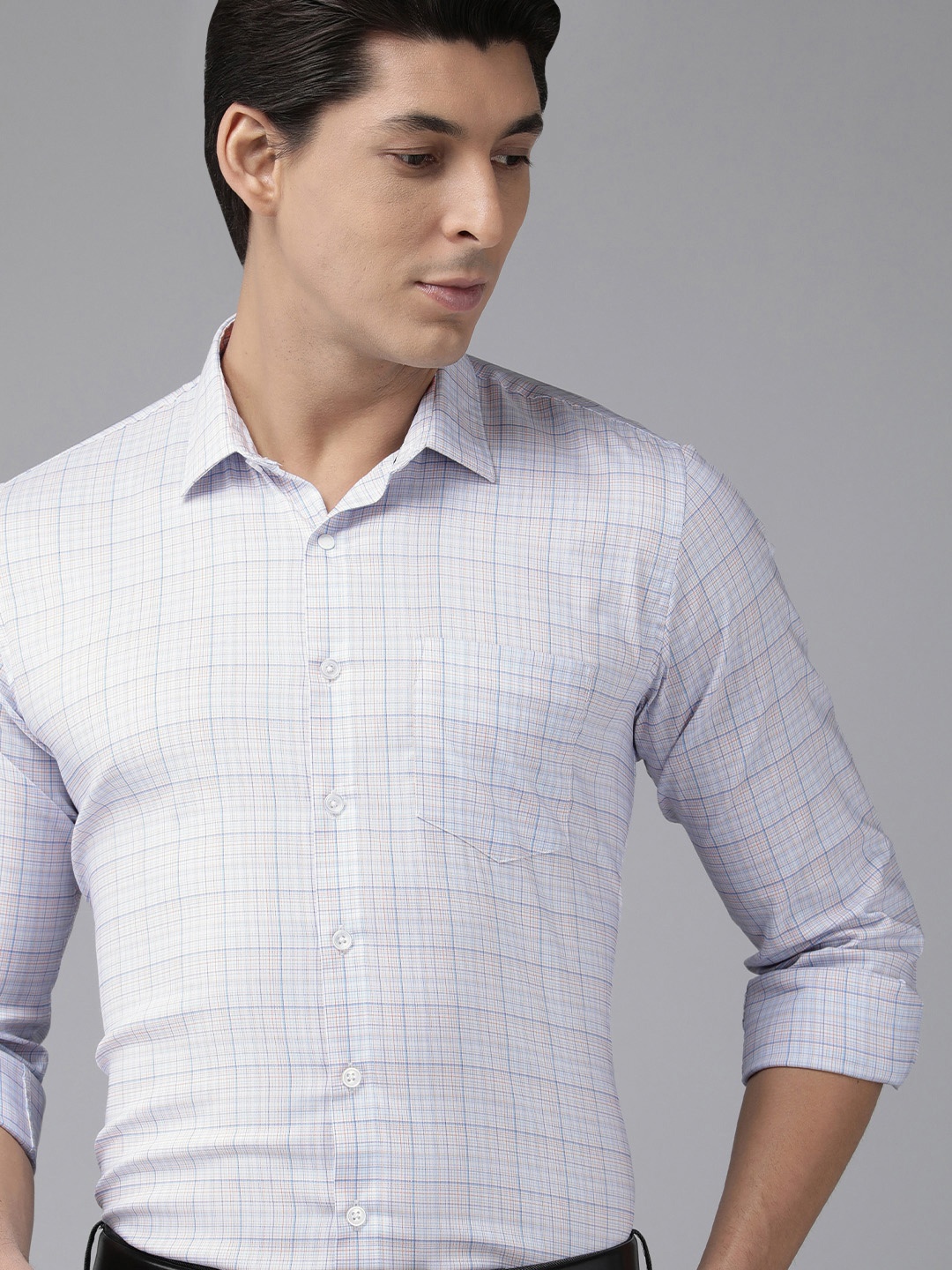 

Van Heusen Men Blue & Orange Slim Fit Checked Formal Shirt