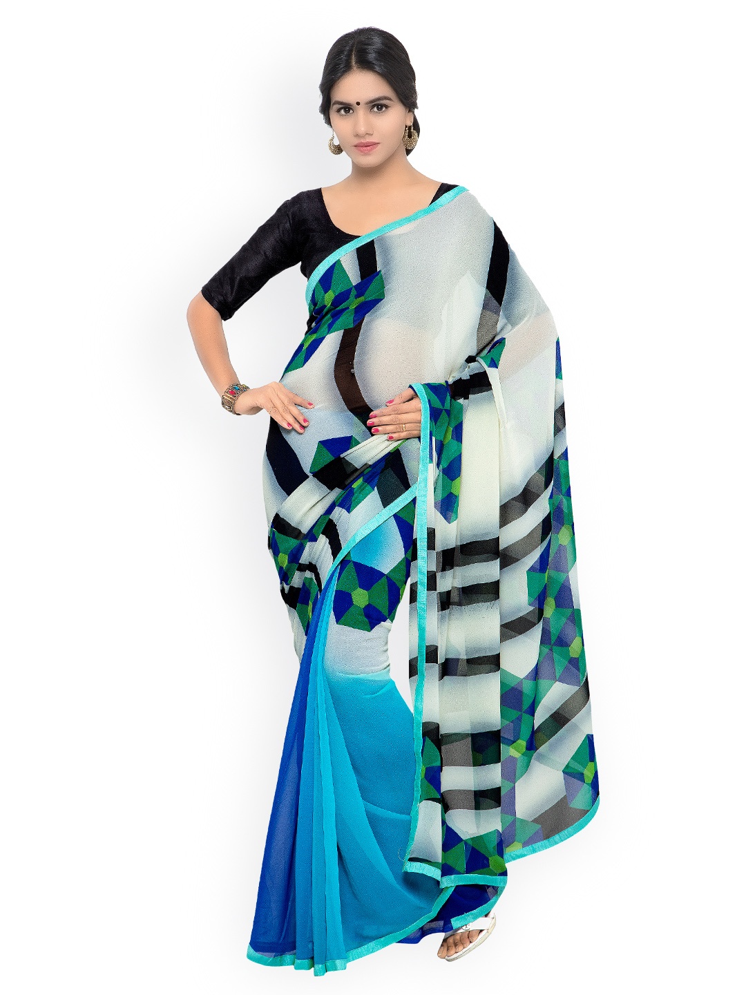 

Shaily Blue & White Georgette & Dupion Printed Saree