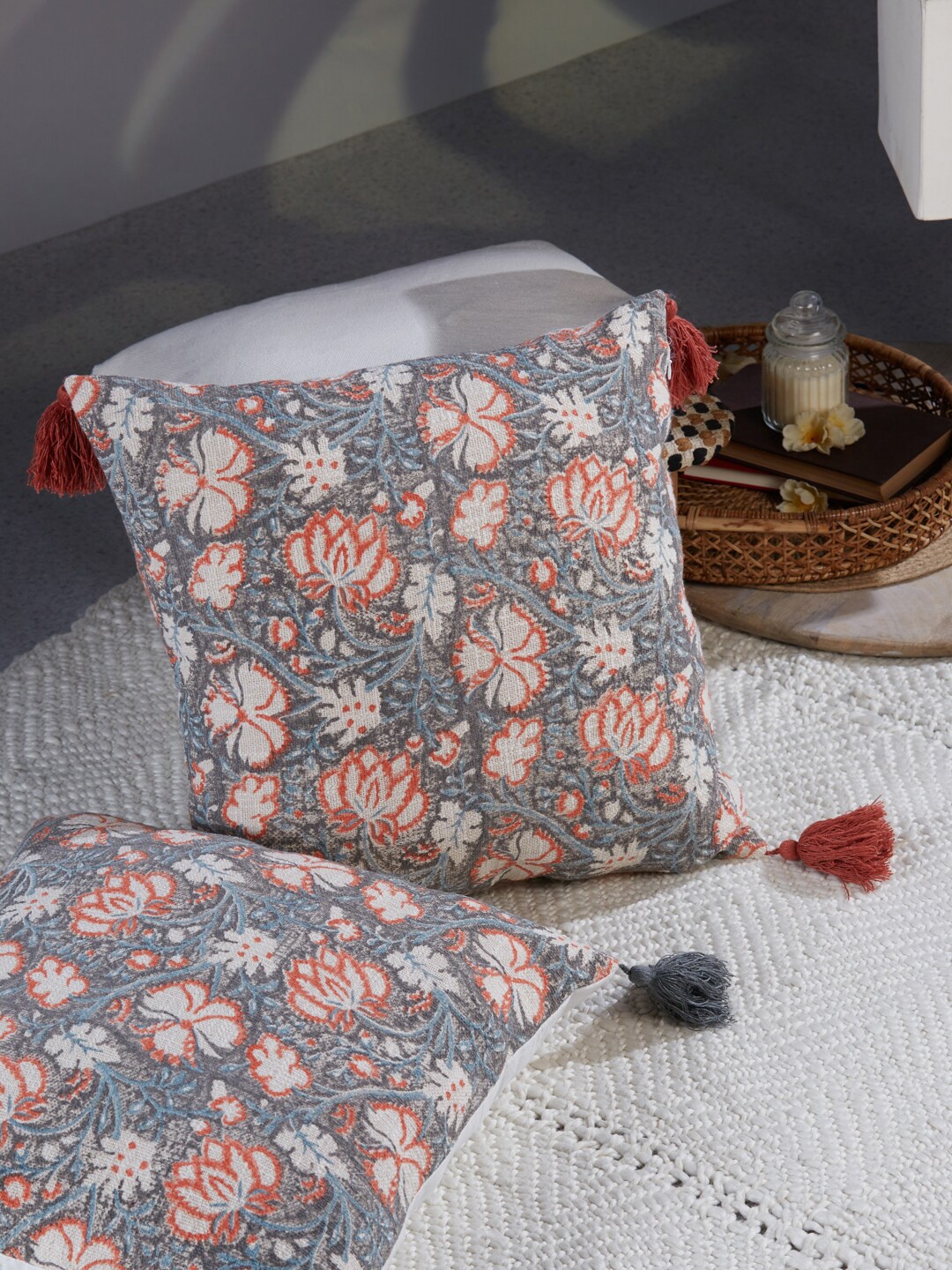 

Fabindia Grey & Red Floral Cotton Square Cushion Covers