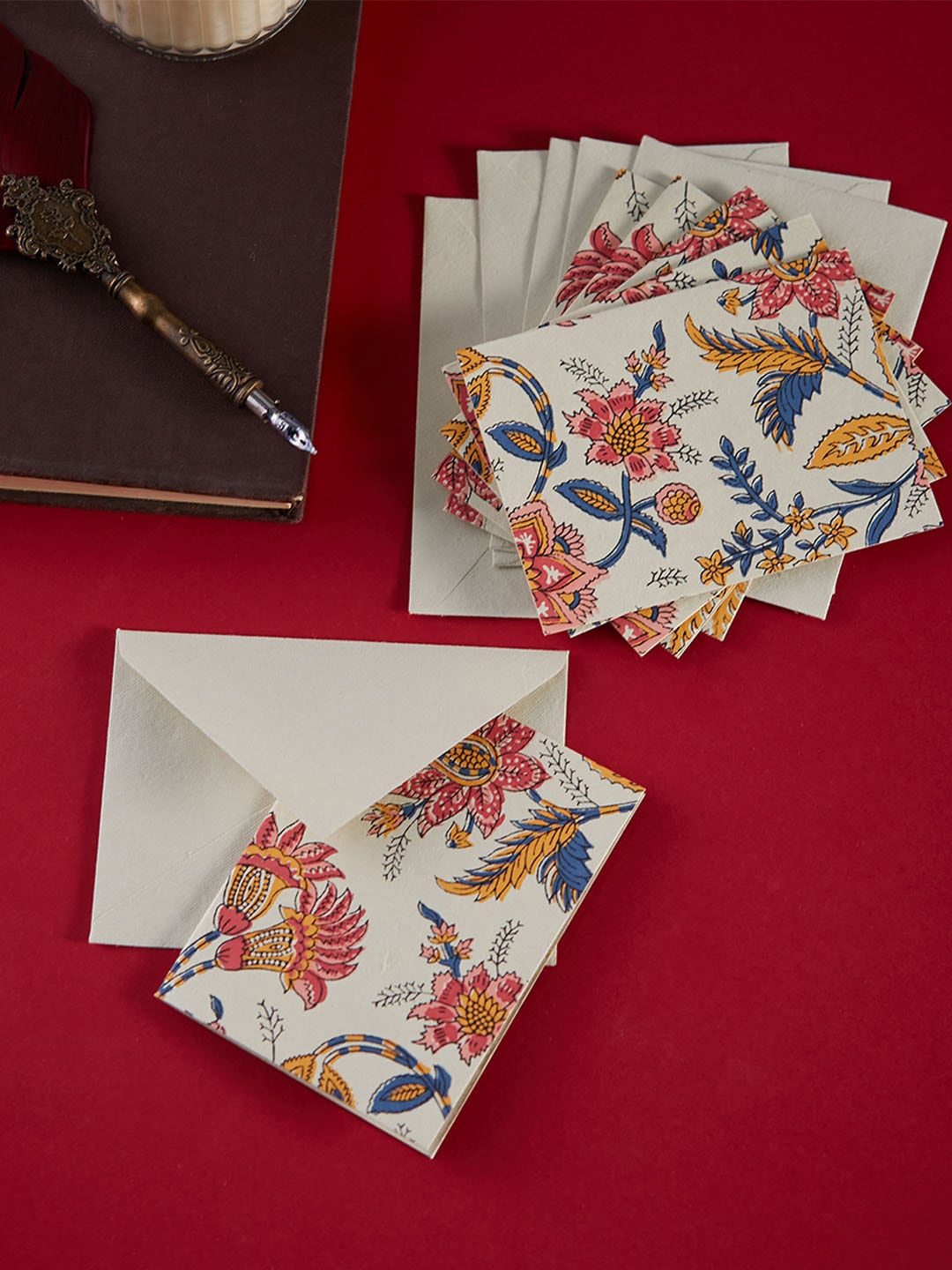 

Fabindia Set Of 6 Cream-Coloured & Blue Printed Note Cards, Multi