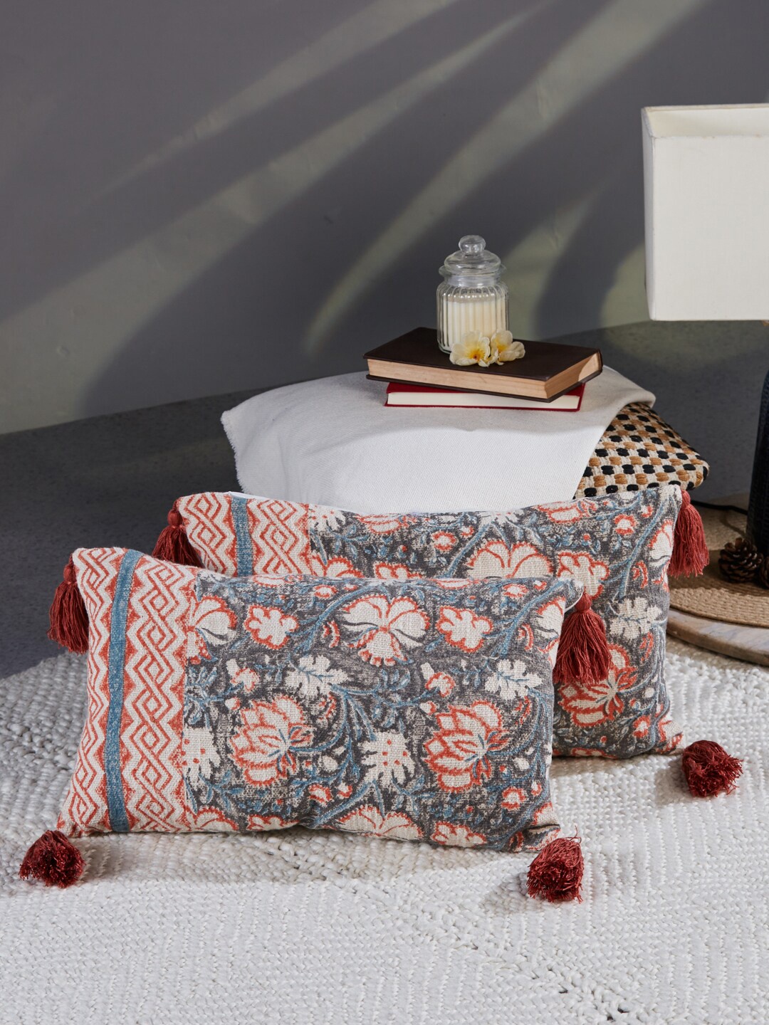 

Fabindia Grey & White Floral Rectangle Cushion Covers