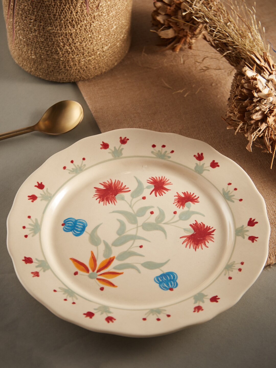 

Fabindia Beige & Red Hand Painted Ceramic Pushp Glossy Plate