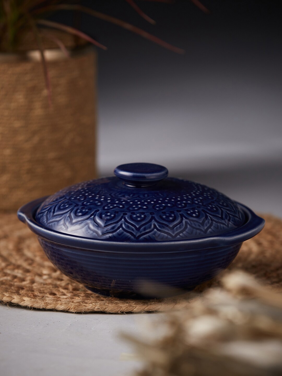 

Fabindia Blue Printed Ceramic Serving Bowl With Lid