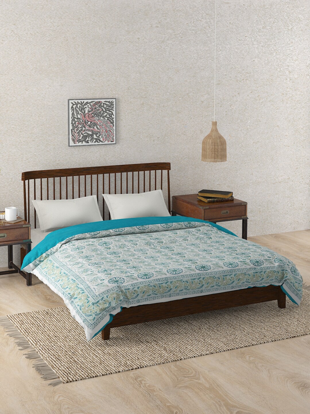

Fabindia Teal & White Printed Cotton 180 TC Double King Duvet Cover