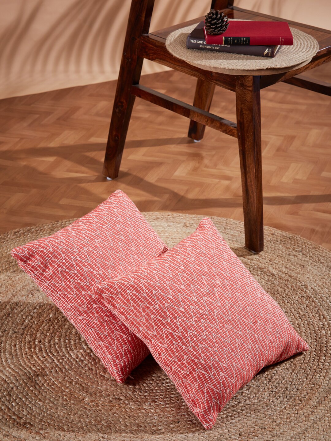 

Fabindia Coral & White Cotton Square Cushion Covers