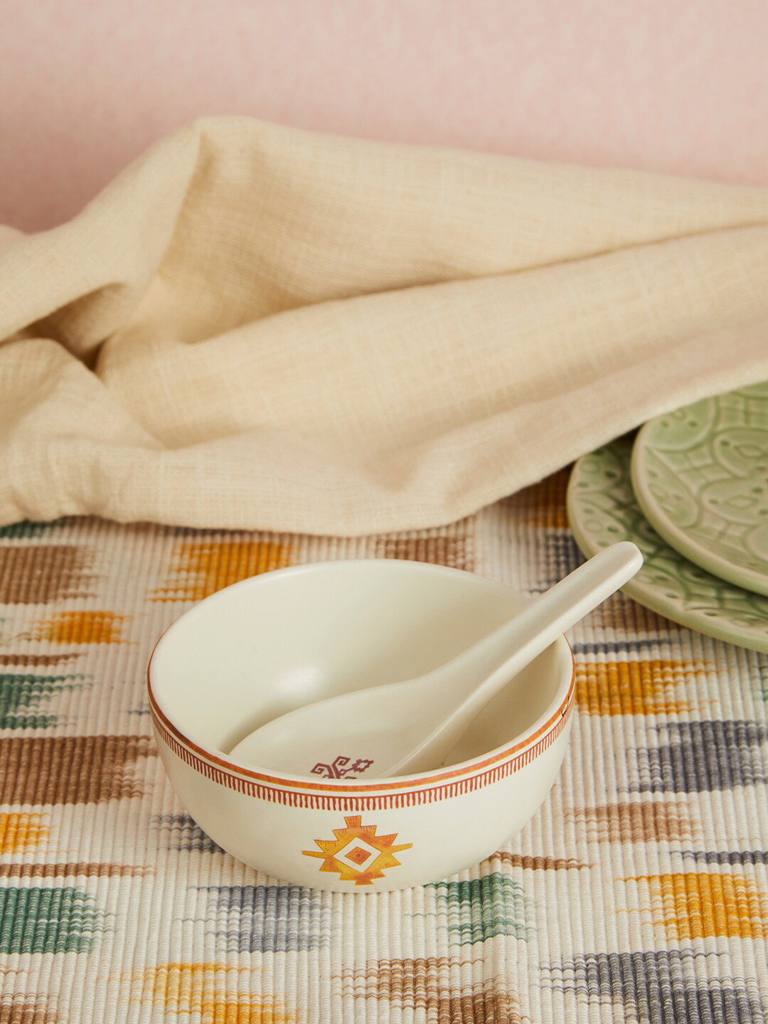 

Fabindia Cream Printed Porcelain Glossy Soup Bowl With Spoon
