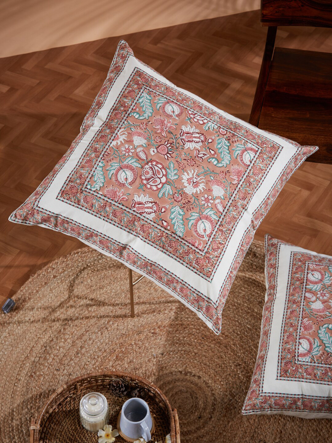 

Fabindia Peach-Coloured & White Floral Cotton Square Cushion Covers