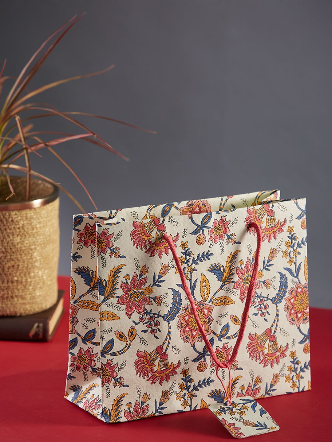 

Fabindia Beige & Red Saarya Printed GW GPK Paper Bag, Cream