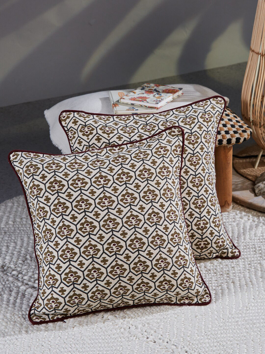 

Fabindia Ethnic Motifs Printed Cotton Square Cushion Covers, White