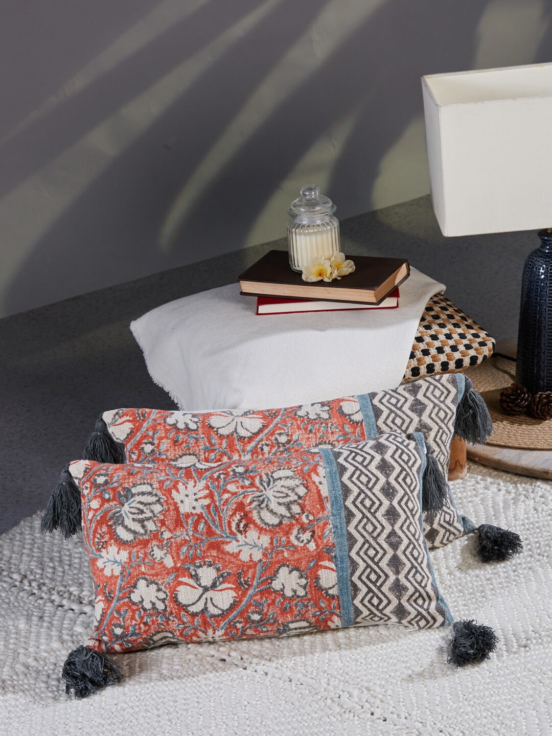 

Fabindia Coral & Blue Ethnic Motifs Rectangle Cushion Cover With Tassels