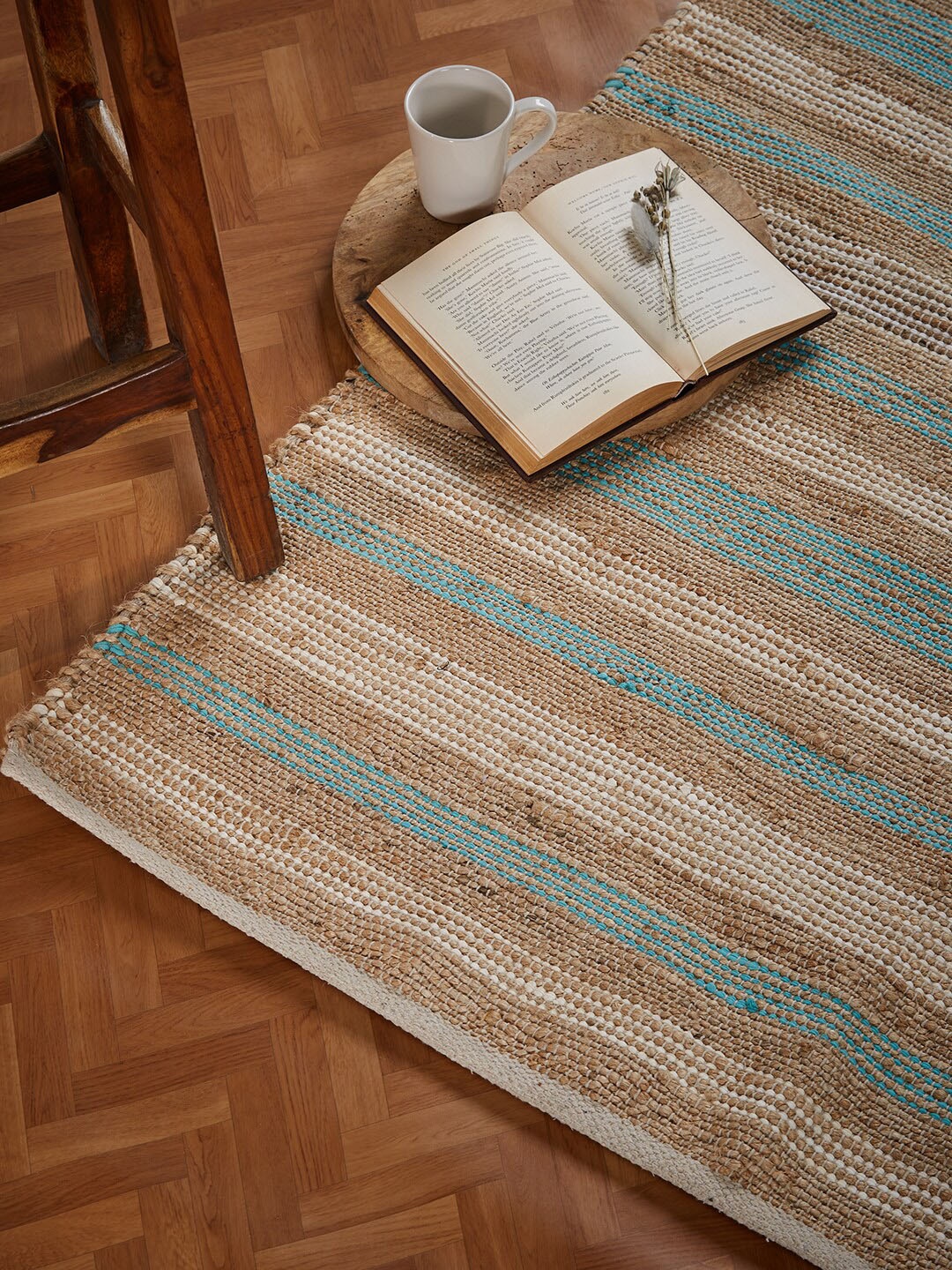 

Fabindia Beige & Teal Blue Striped Jute Woven Dhurrie