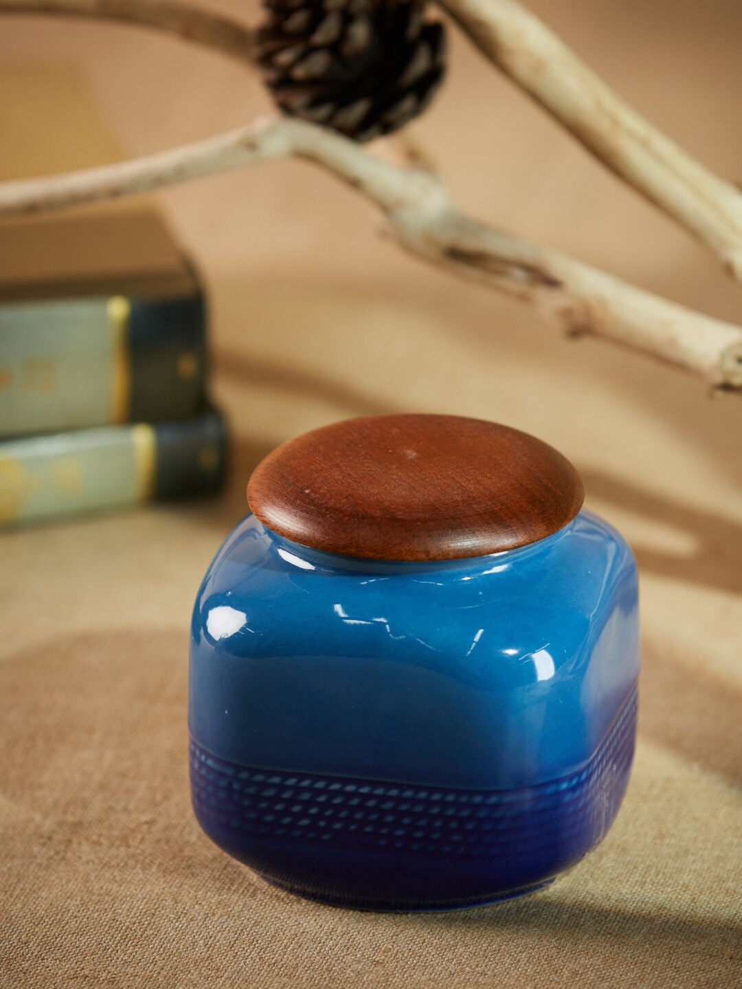

Fabindia Blue & Brown Solid Swayam Ceramic Jar With Lid