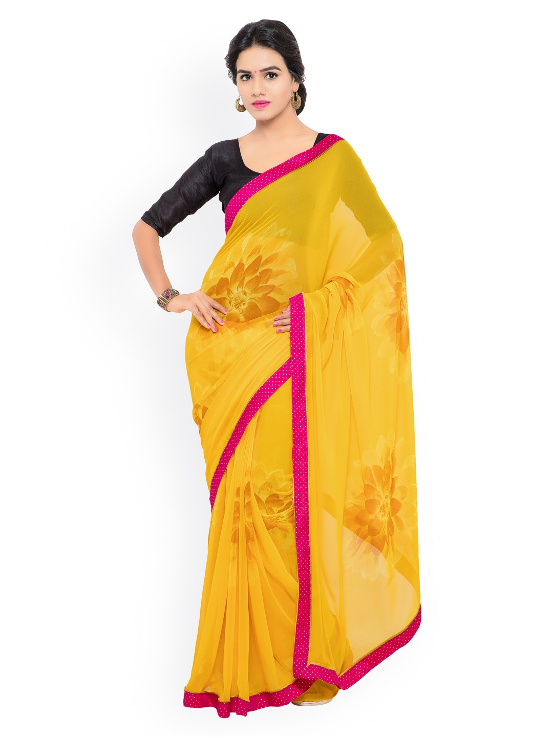 

Shaily Yellow Georgette Floral Print Saree