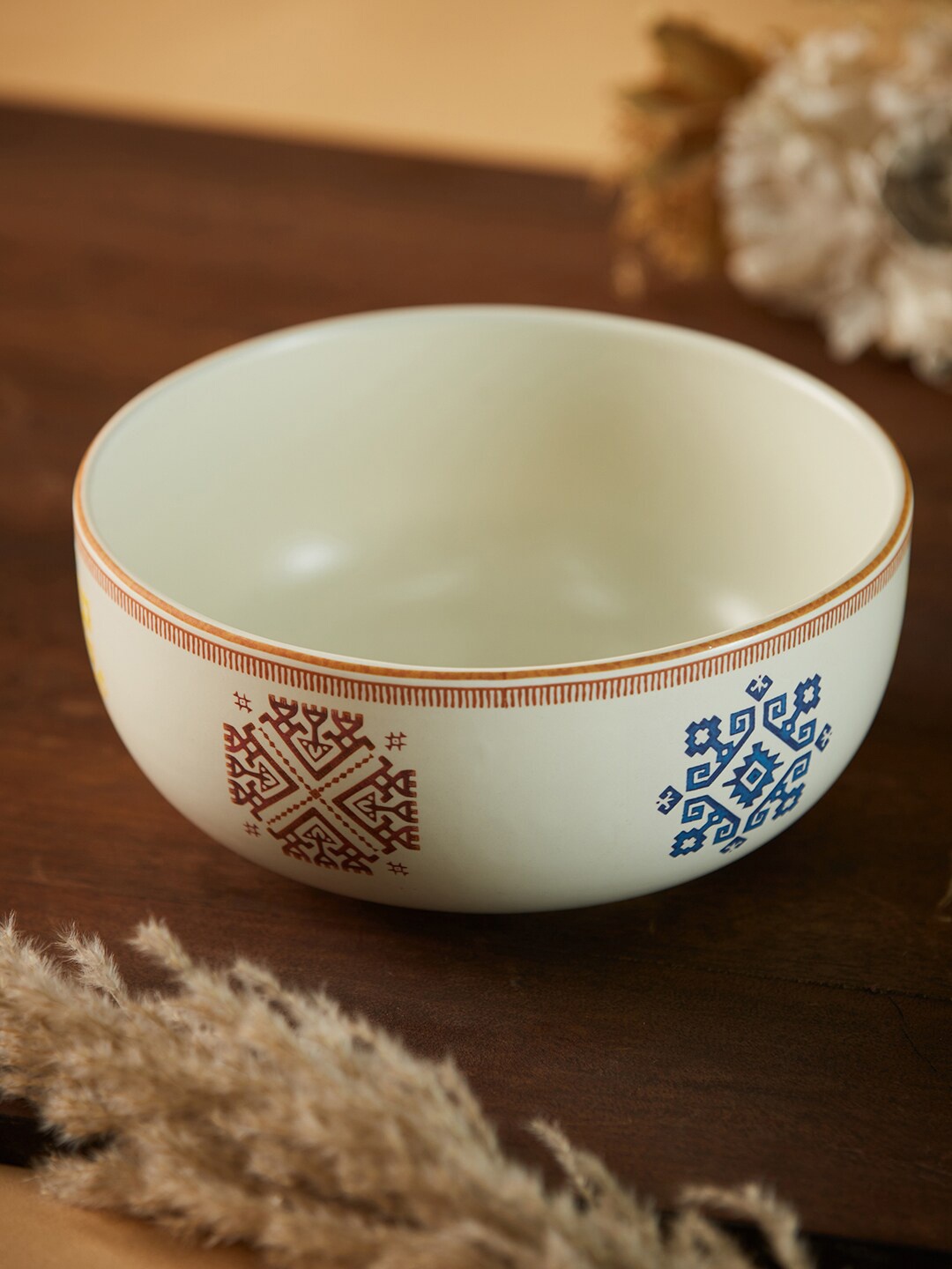 

Fabindia White & Blue Printed Dishwasher Safe Porcelain Glossy Serving Bowl