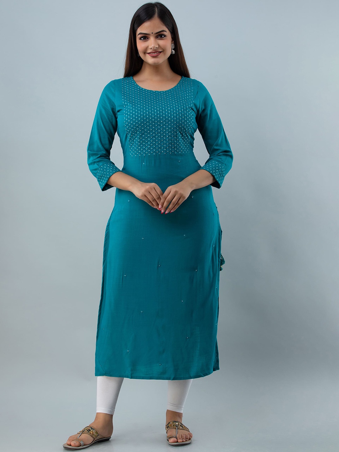 

GULMOHAR JAIPUR Women Teal Ethnic Motifs Yoke Design Kurta