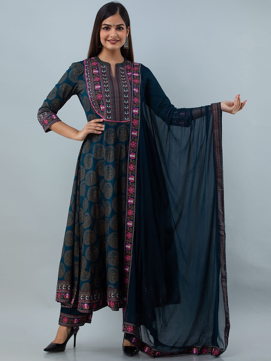 

GULMOHAR JAIPUR Teal Ethnic Motifs Yoke Design Kurta with Trousers & With Dupatta