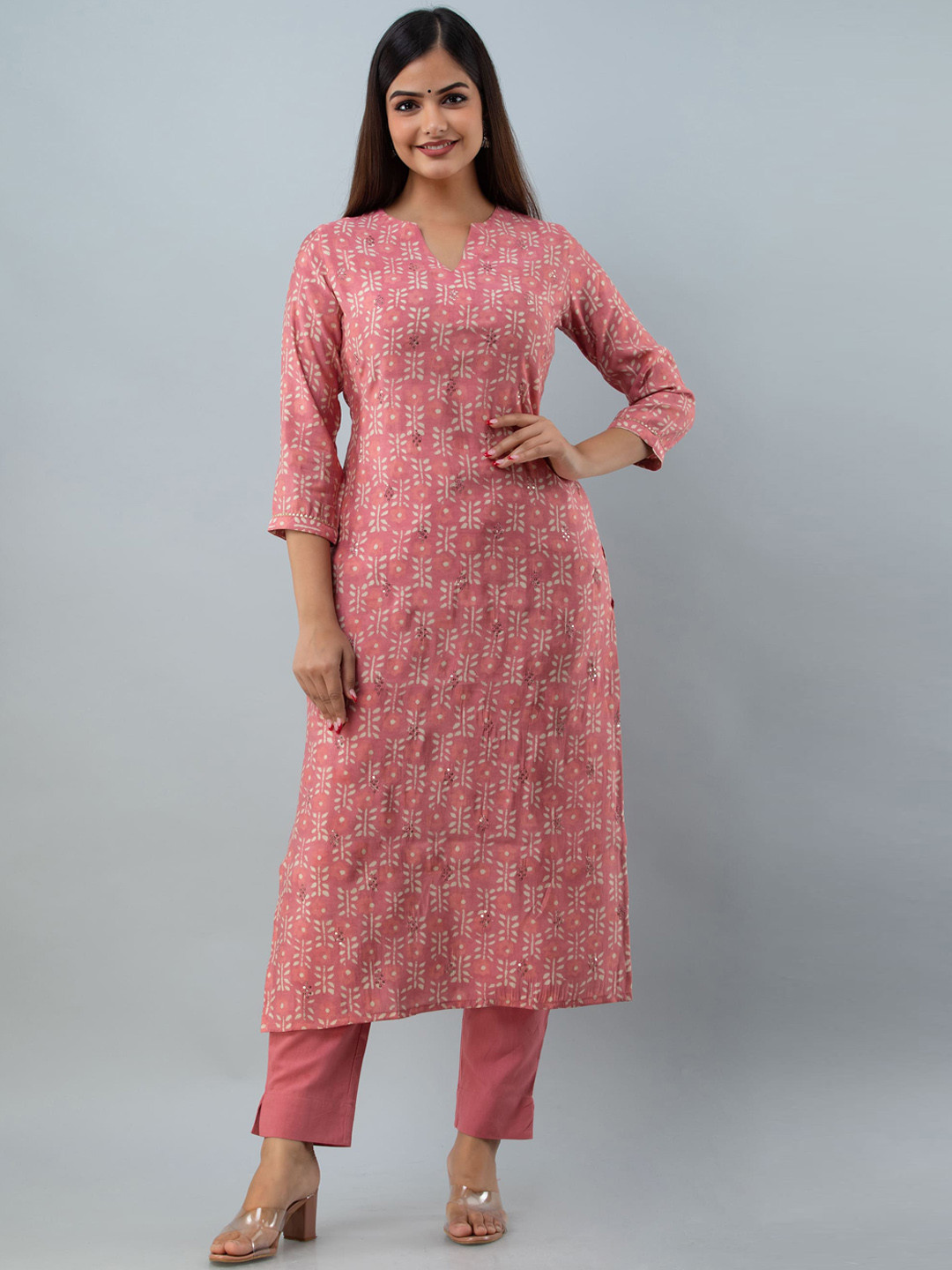 

GULMOHAR JAIPUR Women Pink Ethnic Motifs Printed Kurti with Trousers