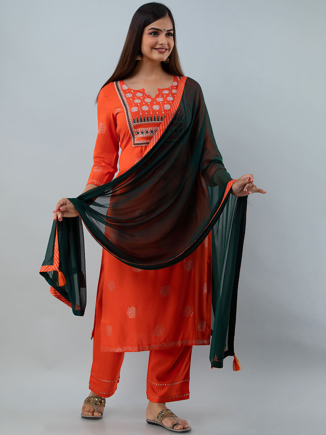 

GULMOHAR JAIPUR Orange Printed Kurta with Trousers & With Dupatta