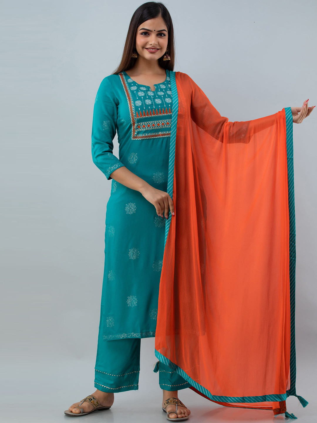 

GULMOHAR JAIPUR Women Sea Green Ethnic Motifs Yoke Design Thread Work Kurti with Palazzos With Dupatta