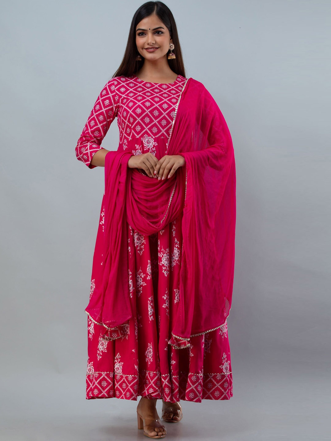 

GULMOHAR JAIPUR Women Fuchsia Pink & White Printed Anarkali Kurta with Dupatta