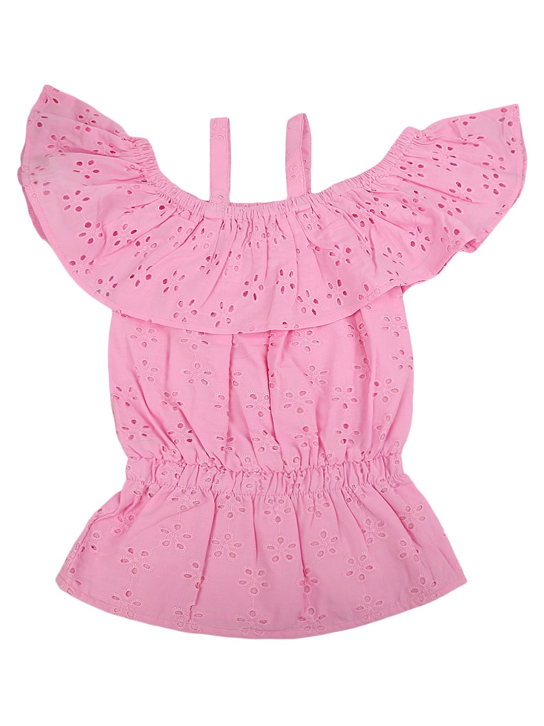 

V-Mart Girls Pink Off-Shoulder Cinched Waist Schiffli Cotton Top