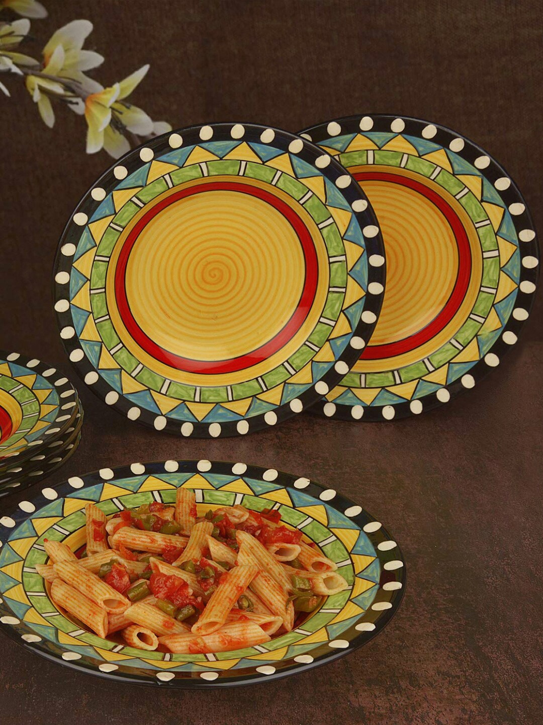 

StyleMyWay Mustard & Red 6 Pieces Ethnic Motifs Printed Ceramic Glossy Plates