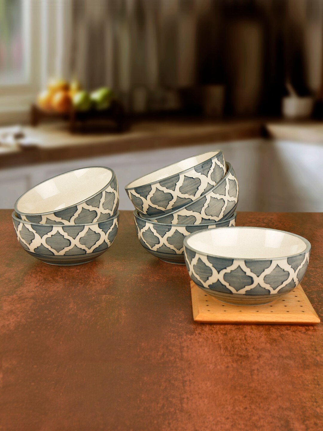 

StyleMyWay Grey & Cream-Coloured 6 Pieces Hand Painted Printed Ceramic Glossy Bowls