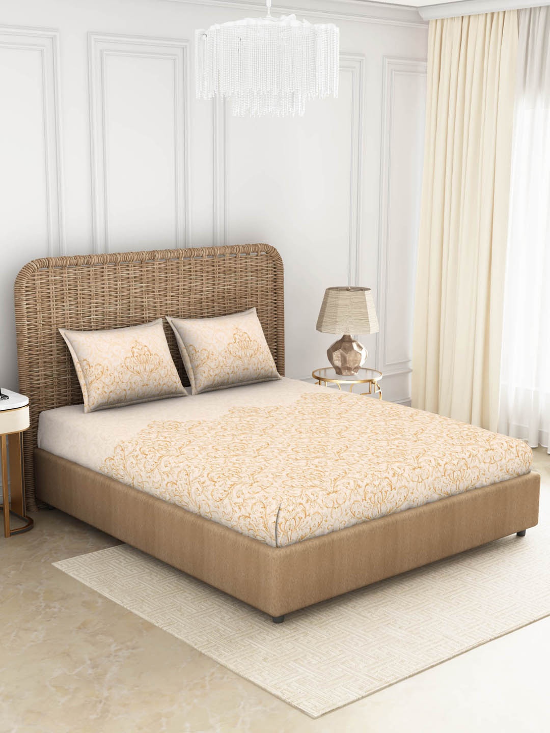 

SPACES Beige Ethnic Motifs 144 TC Pure Cotton Queen Bedsheet with 2 Pillow Covers