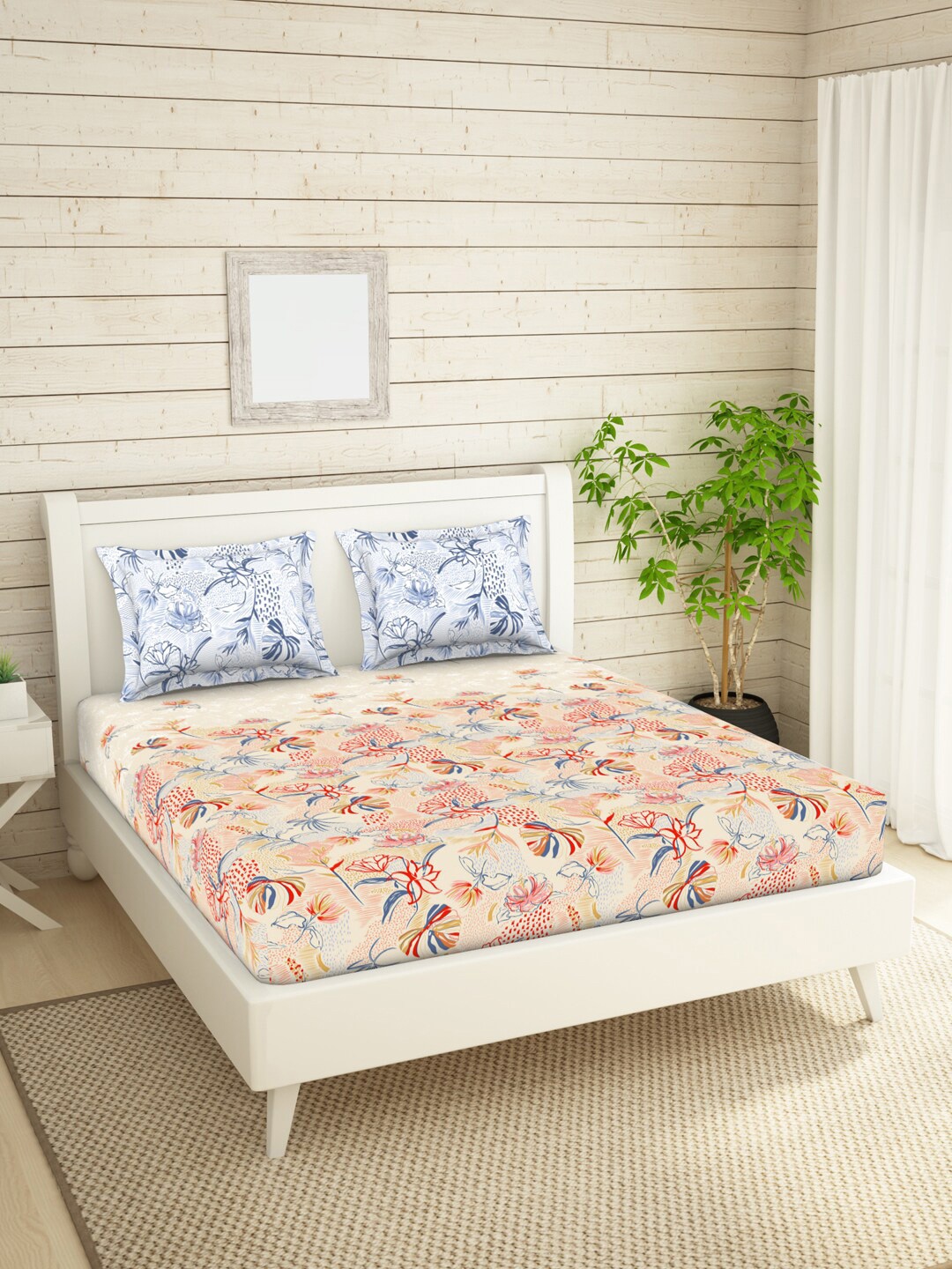 

SPACES White & Beige Floral 144 TC Pure Cotton Queen Bedsheet with 2 Pillow Covers