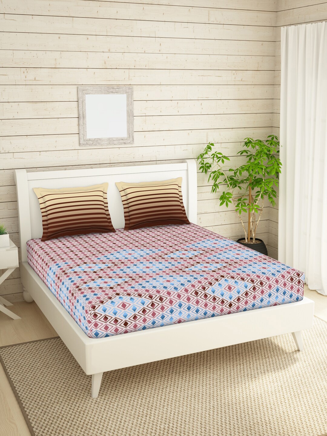 

SPACES Brown & Blue Geometric 144 TC Queen Bedsheet with 2 Pillow Covers