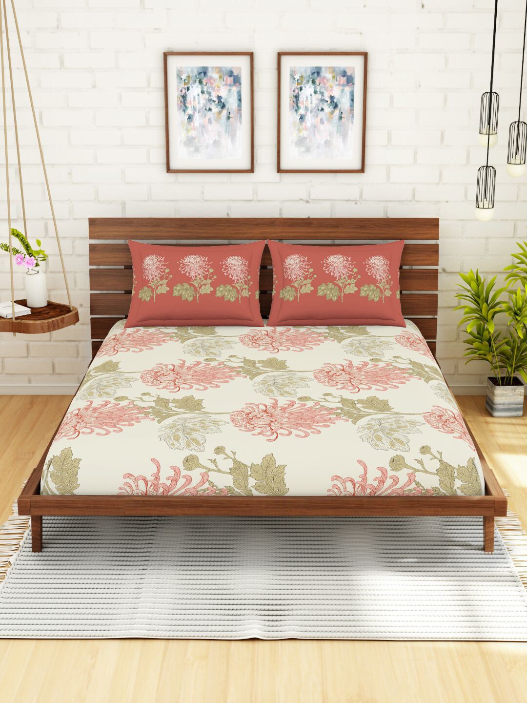 

SPACES Cream-Coloured & Brown Floral Pure Cotton 144 TC King Bedsheet with 2 Pillow Covers