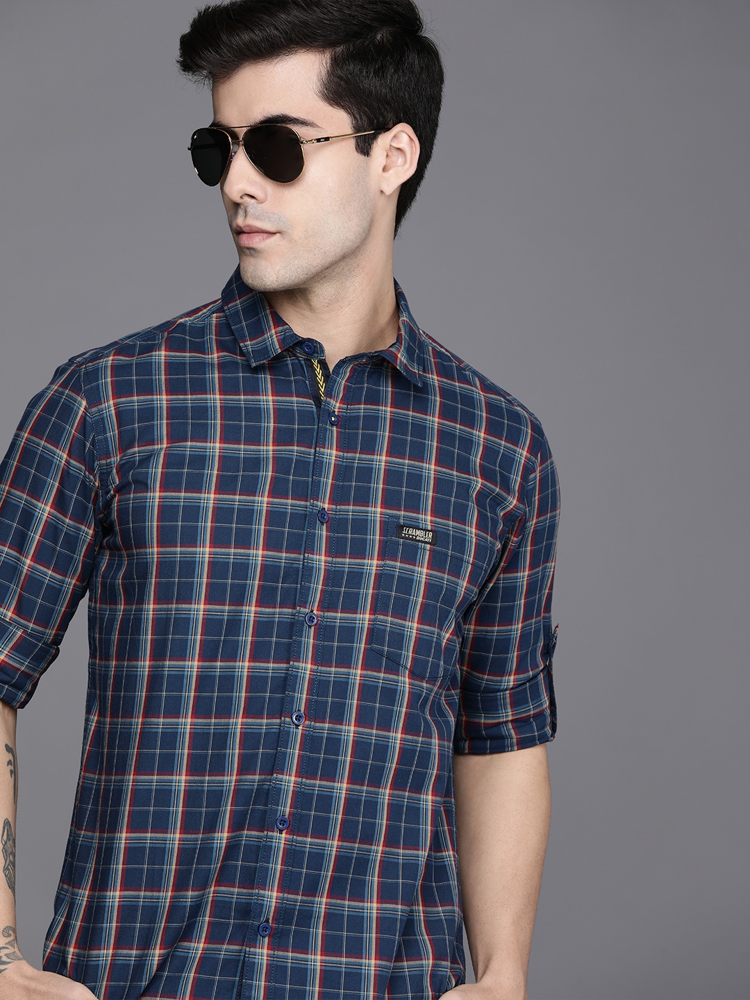 

Ducati Men Navy Blue & Red Slim Fit Tartan Checks Checked Casual Pure Cotton Shirt