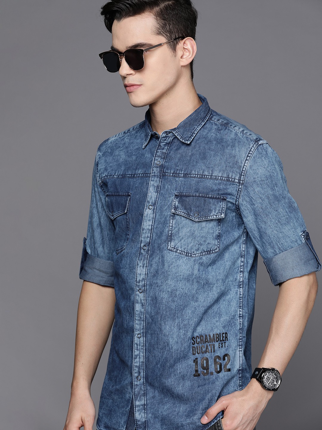 

Ducati Men Blue Pure Cotton Slim Fit Washed Denim Shirt