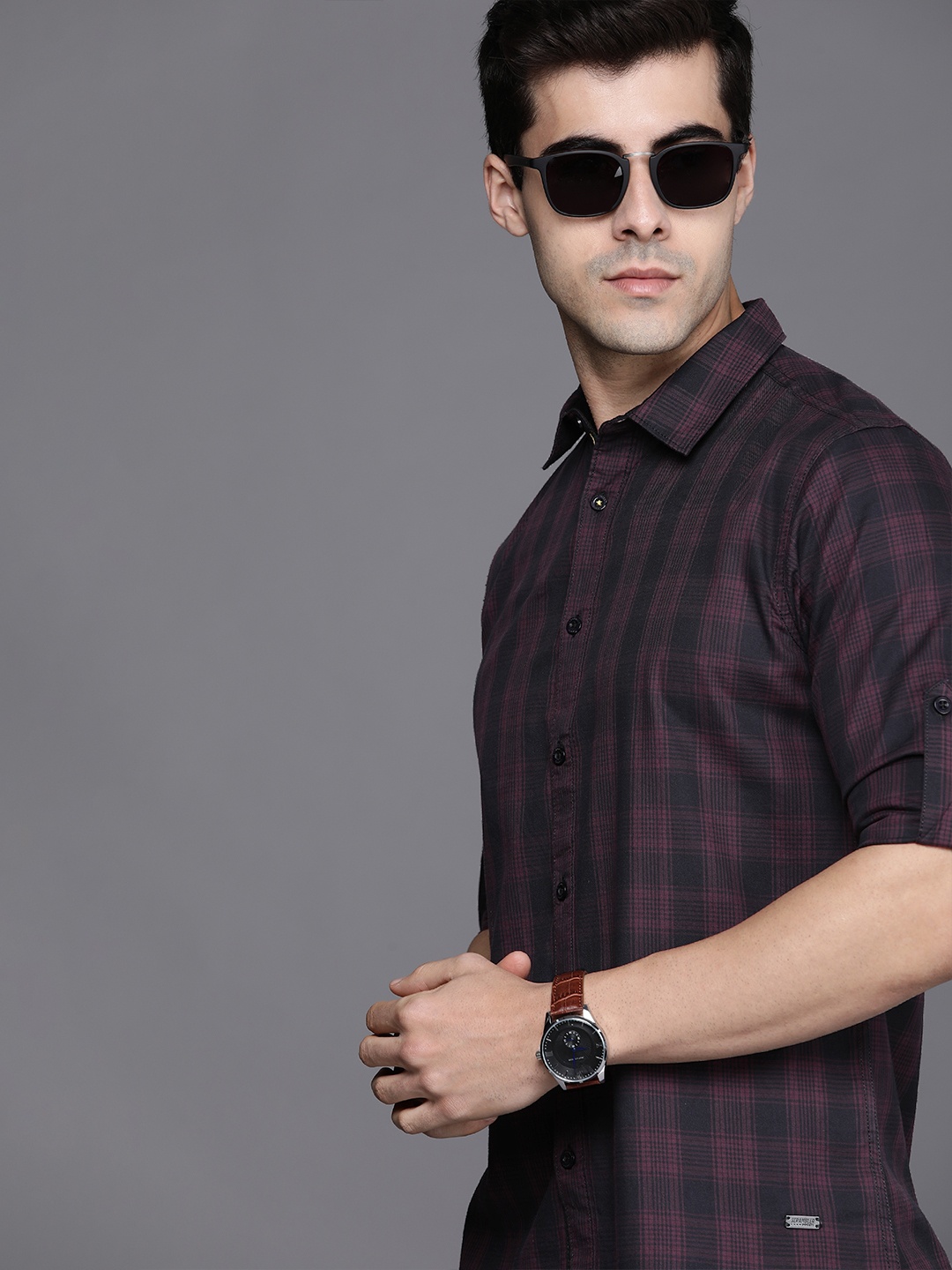 

Ducati Men Burgundy & Black Slim Fit Checked Casual Pure Cotton Shirt