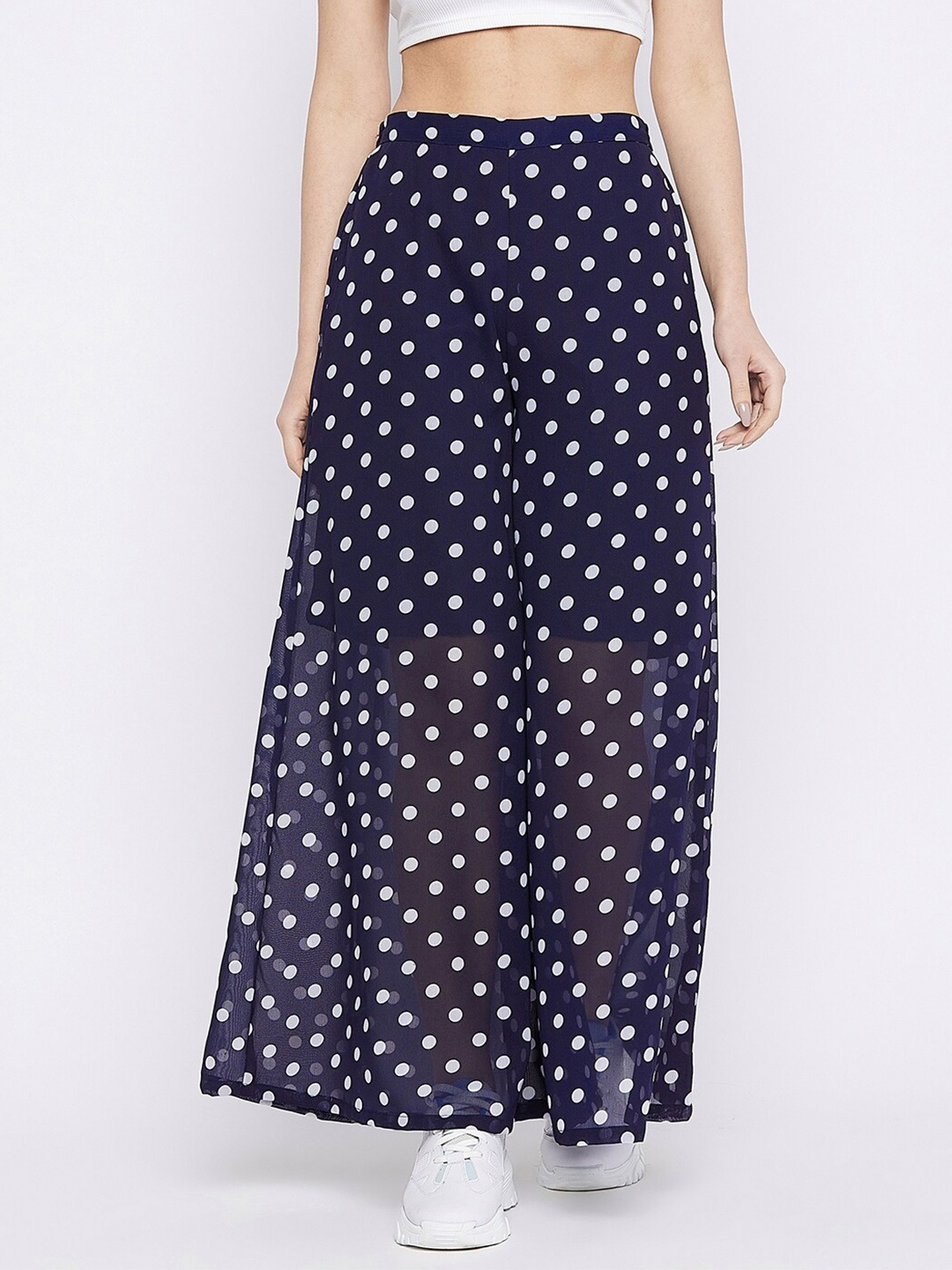 

HELLO DESIGN Women Navy Blue & White Printed Flared Georgette Palazzos
