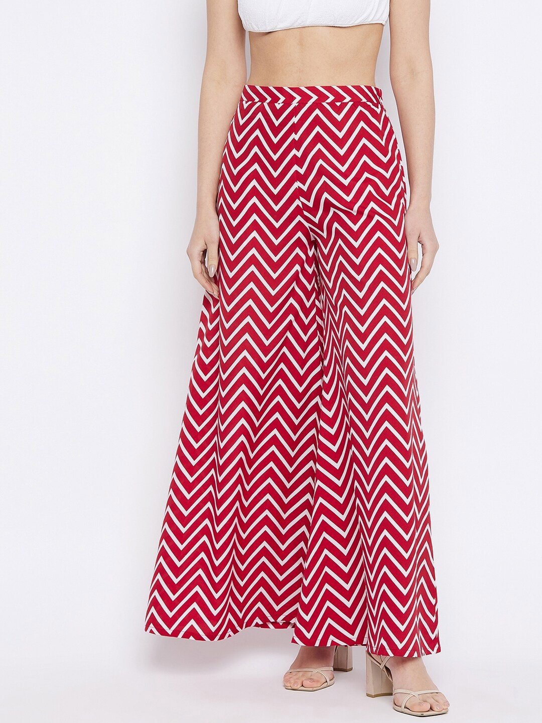 

HELLO DESIGN Women Red & White Printed Flared Knitted Crepe Ethnic Palazzos