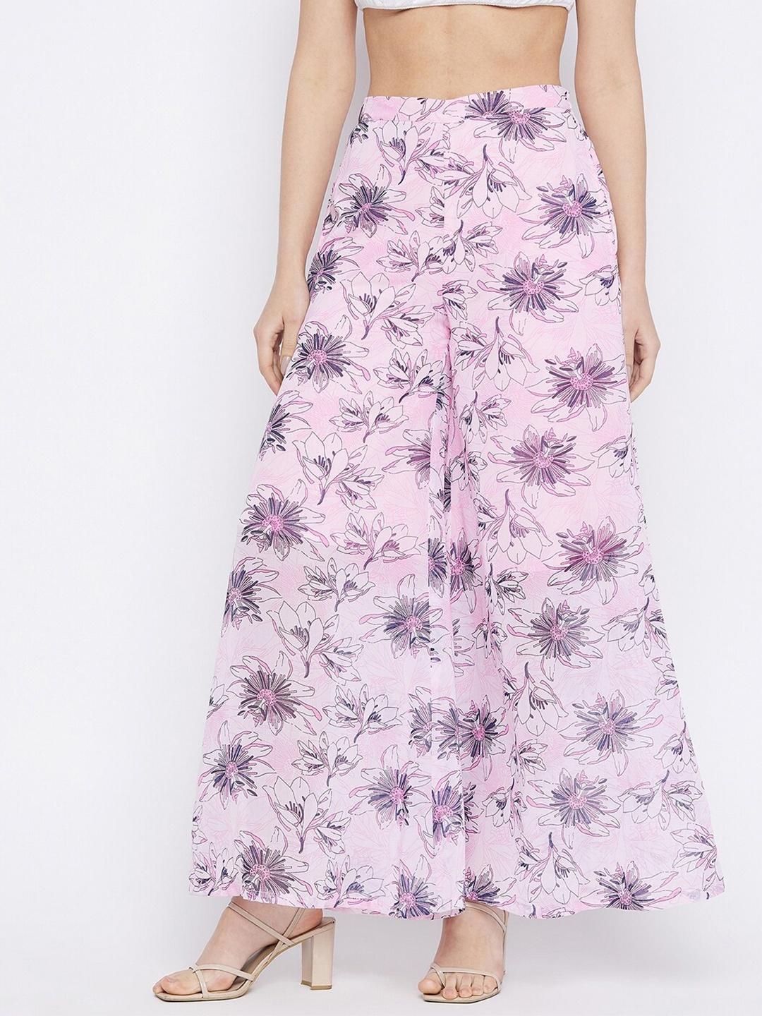 

HELLO DESIGN Women Pink & Purple Floral Printed Flared Georgette Palazzos